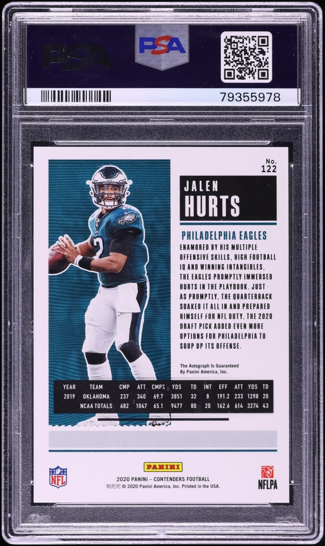 2020 Panini Contenders Cracked Ice Jalen Hurts ROOKIE AUTO /22 #122 PSA 9 MINT