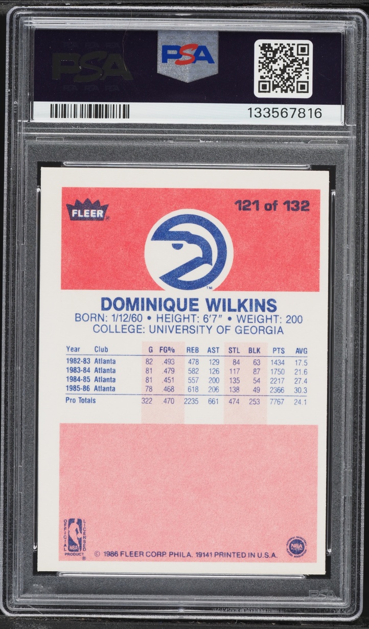 1986 Fleer Basketball Dominique Wilkins ROOKIE #121 PSA 7 NRMT
