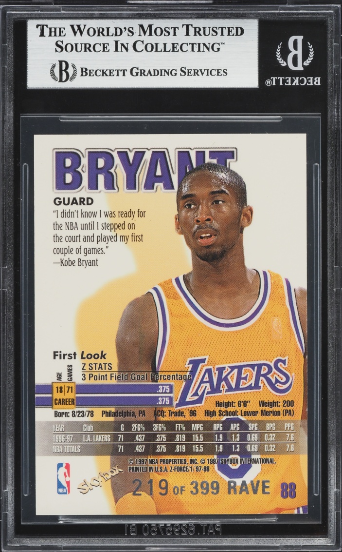 1997 Skybox Z-Force Rave Kobe Bryant /399 #88 BGS 8.5 NM-MT+
