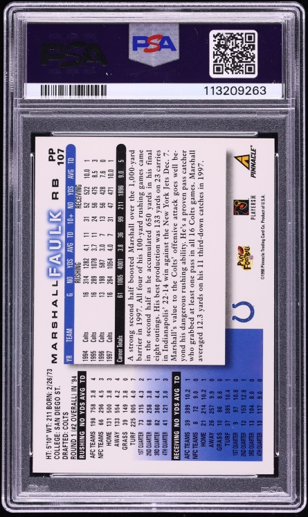 1998 Score Pre-Production Showcase Marshall Faulk 1/1 #PP107 PSA 6 EXMT - Photo 2