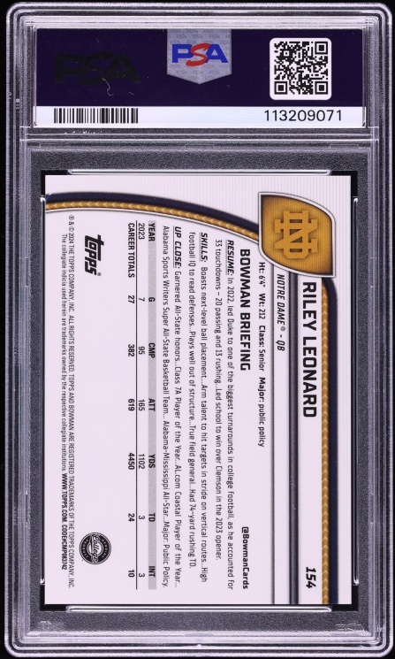 2024 Bowman Chrome University Superfractor Riley Leonard ROOKIE 1/1 #154 PSA 10 GEM MINT - Photo 2