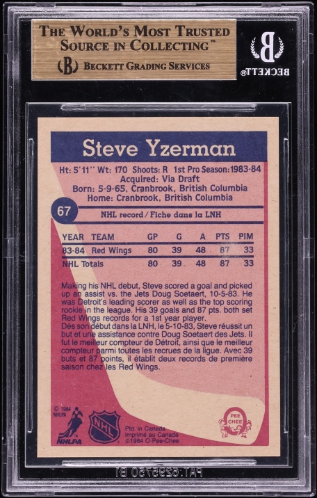1984 O-Pee-Chee Hockey Steve Yzerman ROOKIE #67 BGS 9.5 GEM MINT - Photo 2