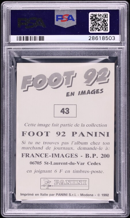 1991 Panini Foot '92 Soccer Zinedine Zidane ROOKIE #43 PSA 8 NM-MT