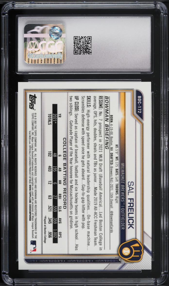 2021 Bowman Chrome Draft Yellow Lava Refractor Sal Frelick PROSPECT /75 #BDC-172 CGC 10 GEM