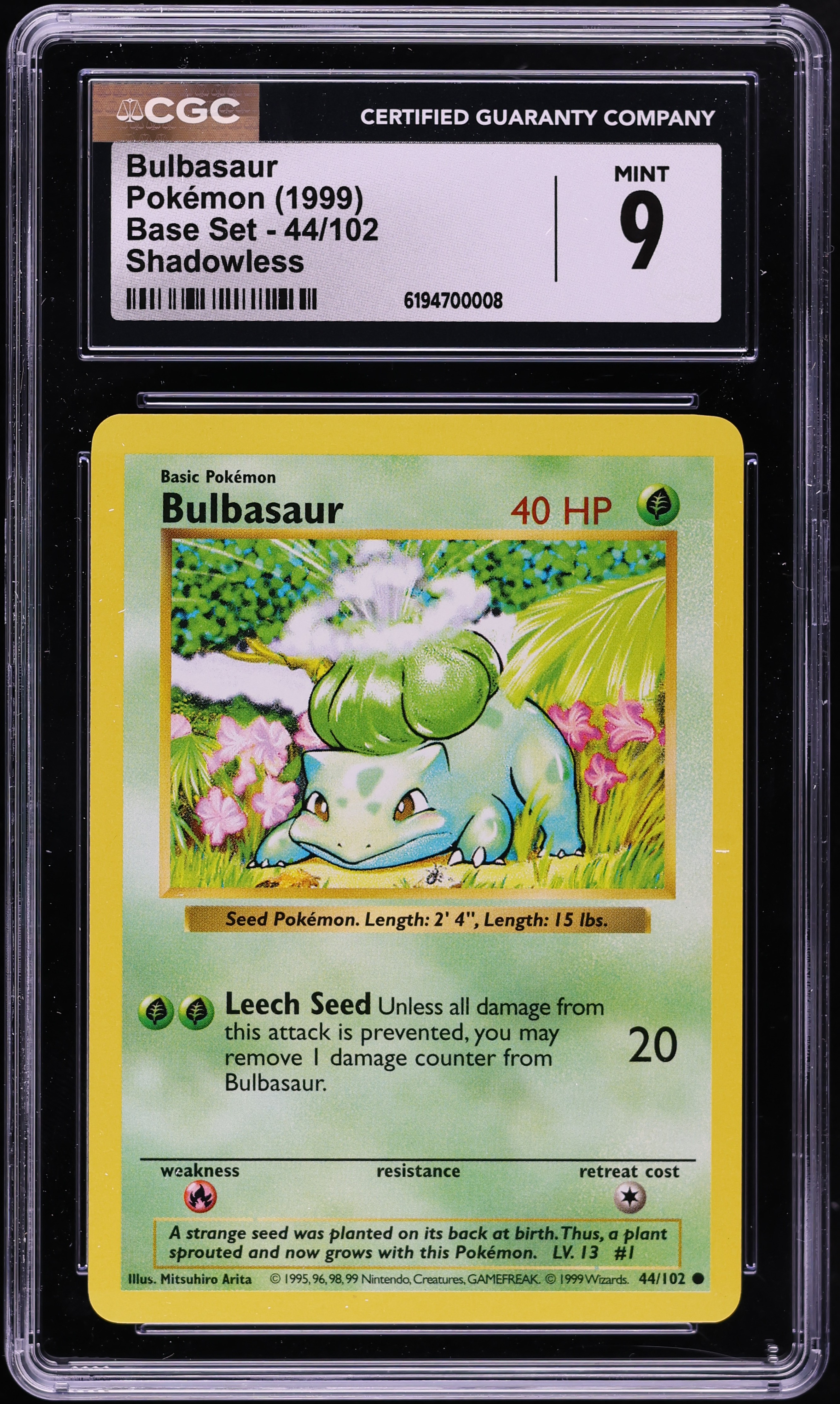 1999 Pokemon Base Set Shadowless Bulbasaur #44 CGC 9 MINT