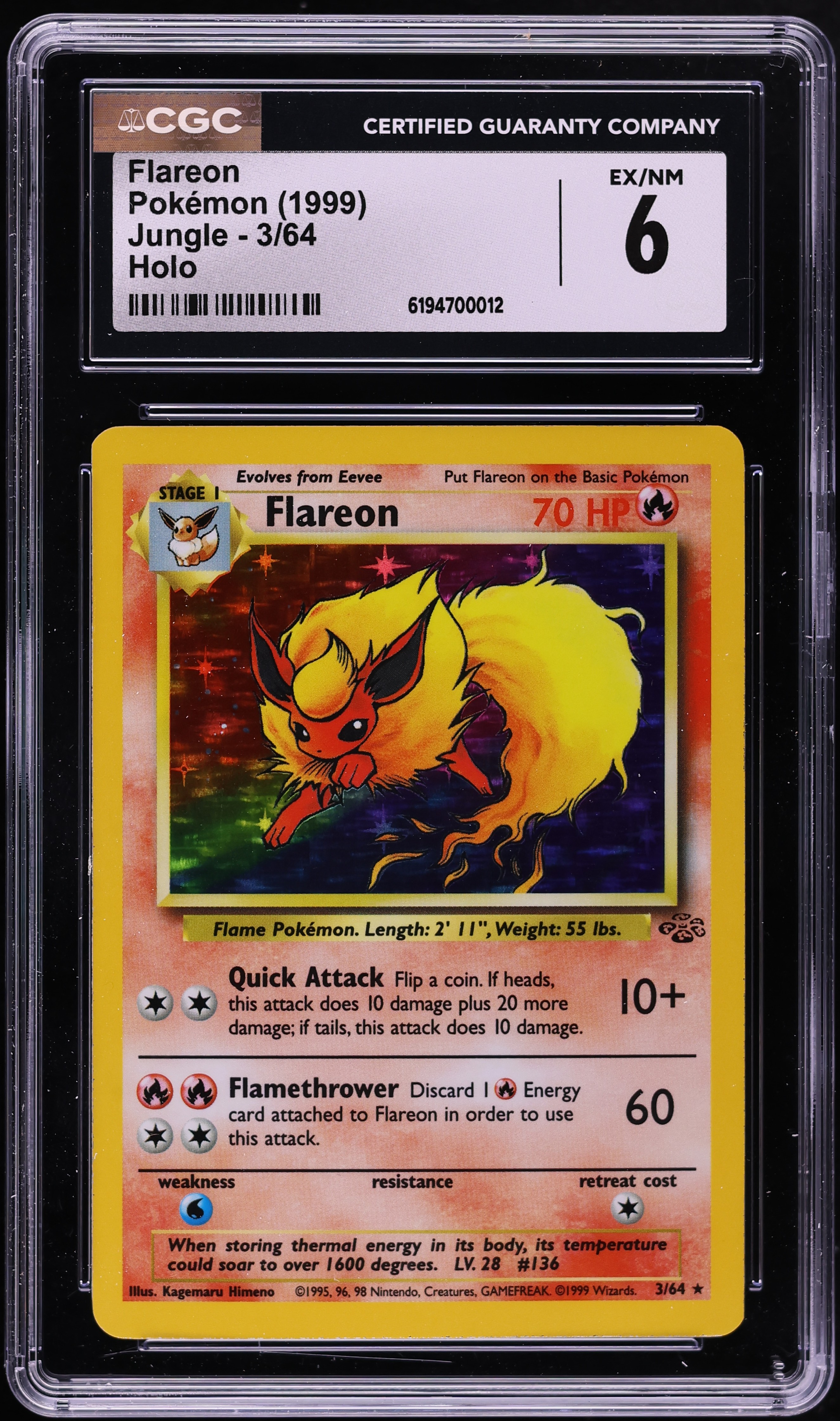 1999 Pokemon Jungle Holo Flareon #3 CGC 6 EXMT