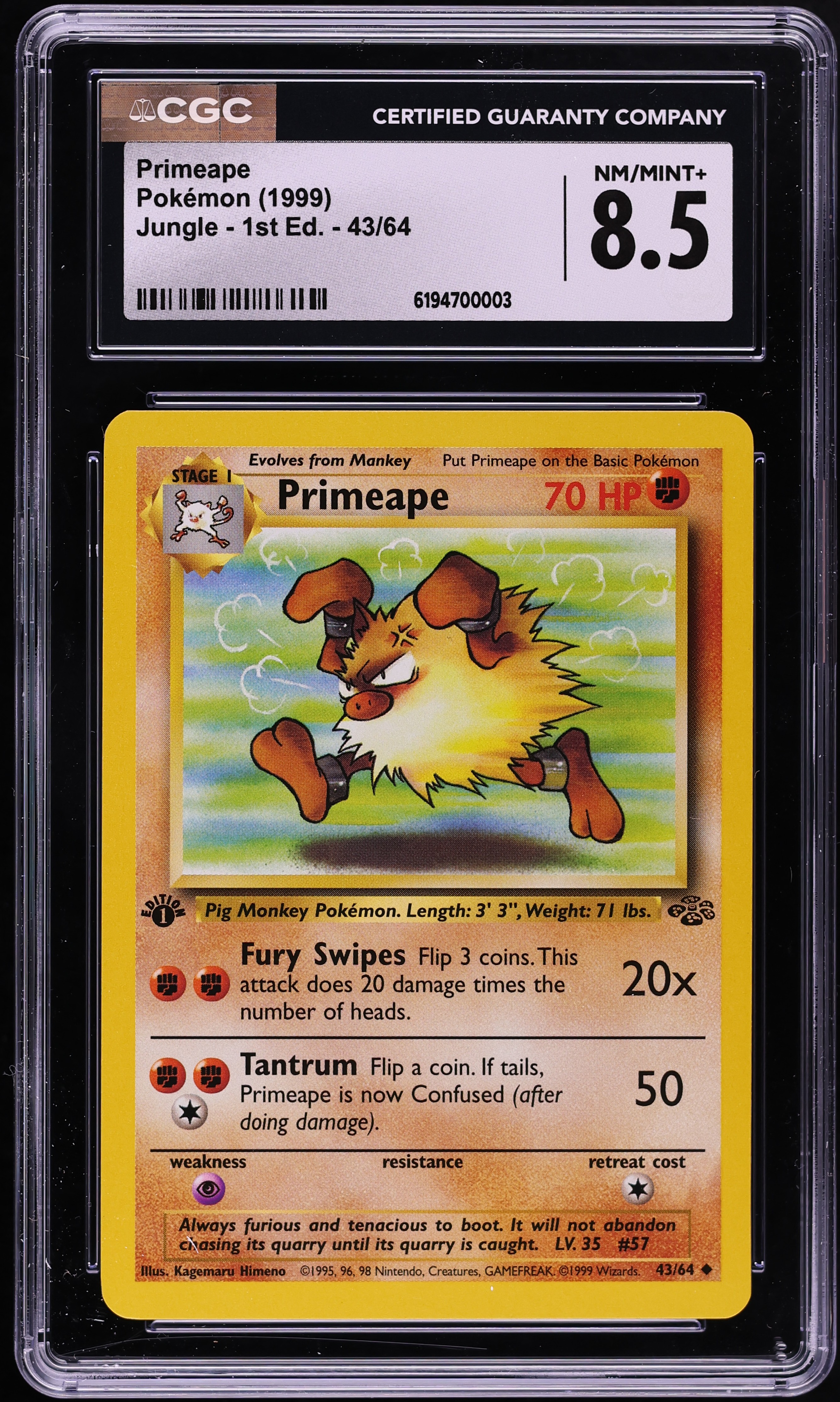 1999 Pokemon Jungle 1st Edition Primeape #43 CGC 8.5 NM-MT+