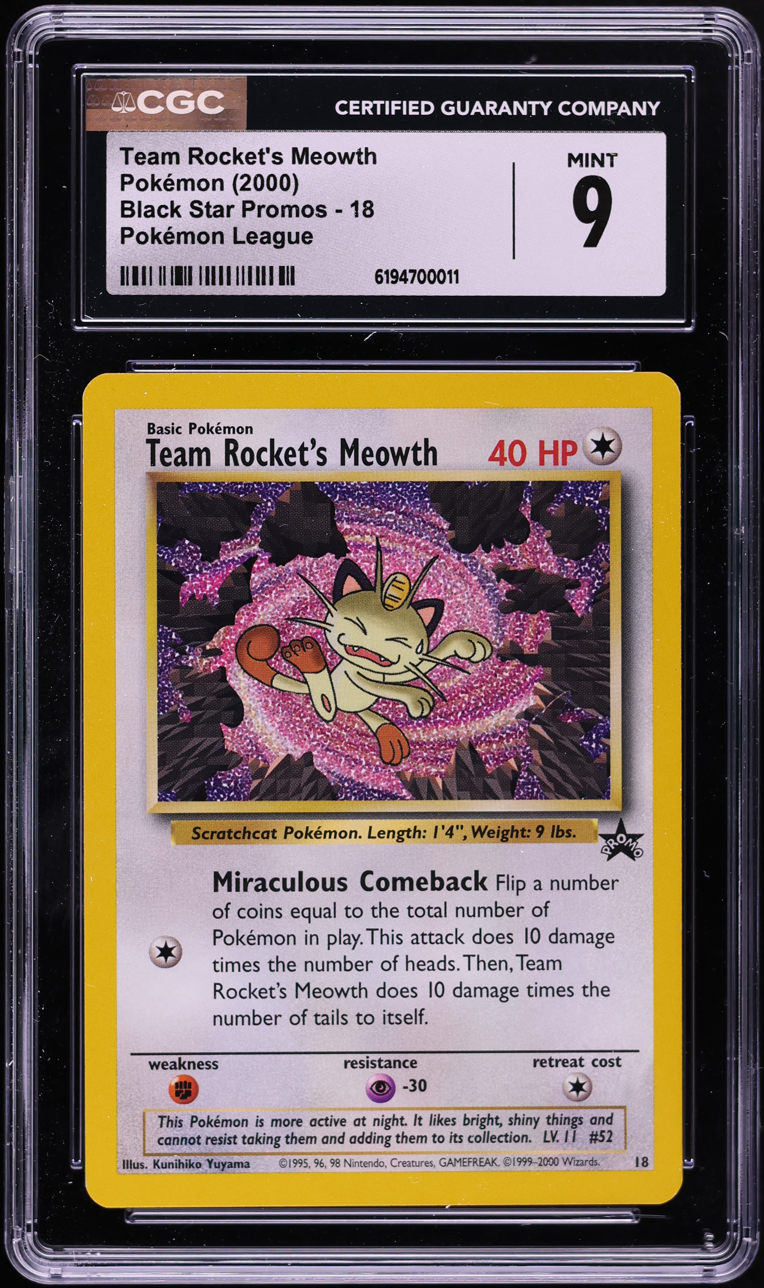 2000 Pokemon League Black Star Promo Team Rocket's Meowth #18 CGC 9 MINT