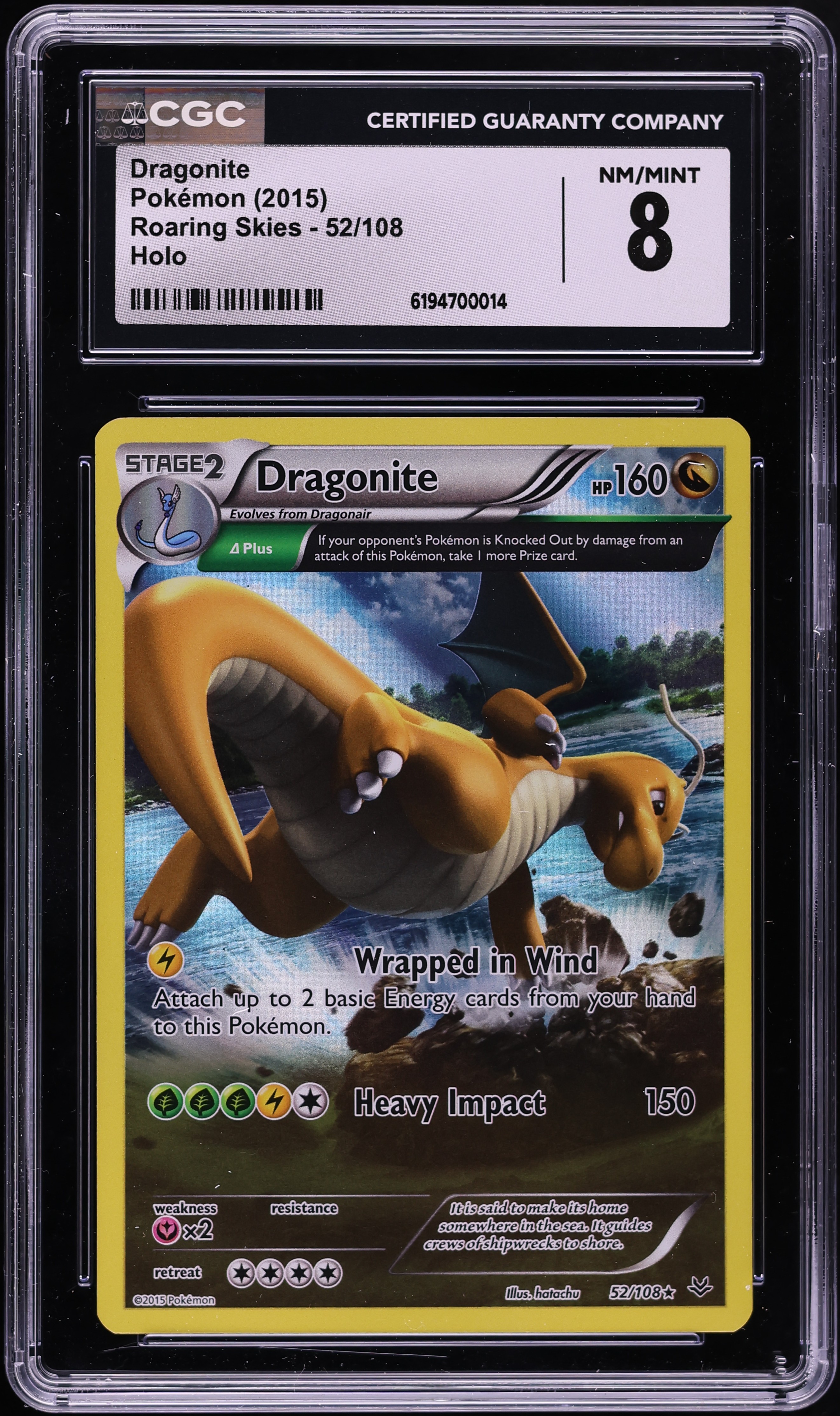 2015 Pokemon XY Roaring Skies Full Art Dragonite #52 CGC 8 NM-MT
