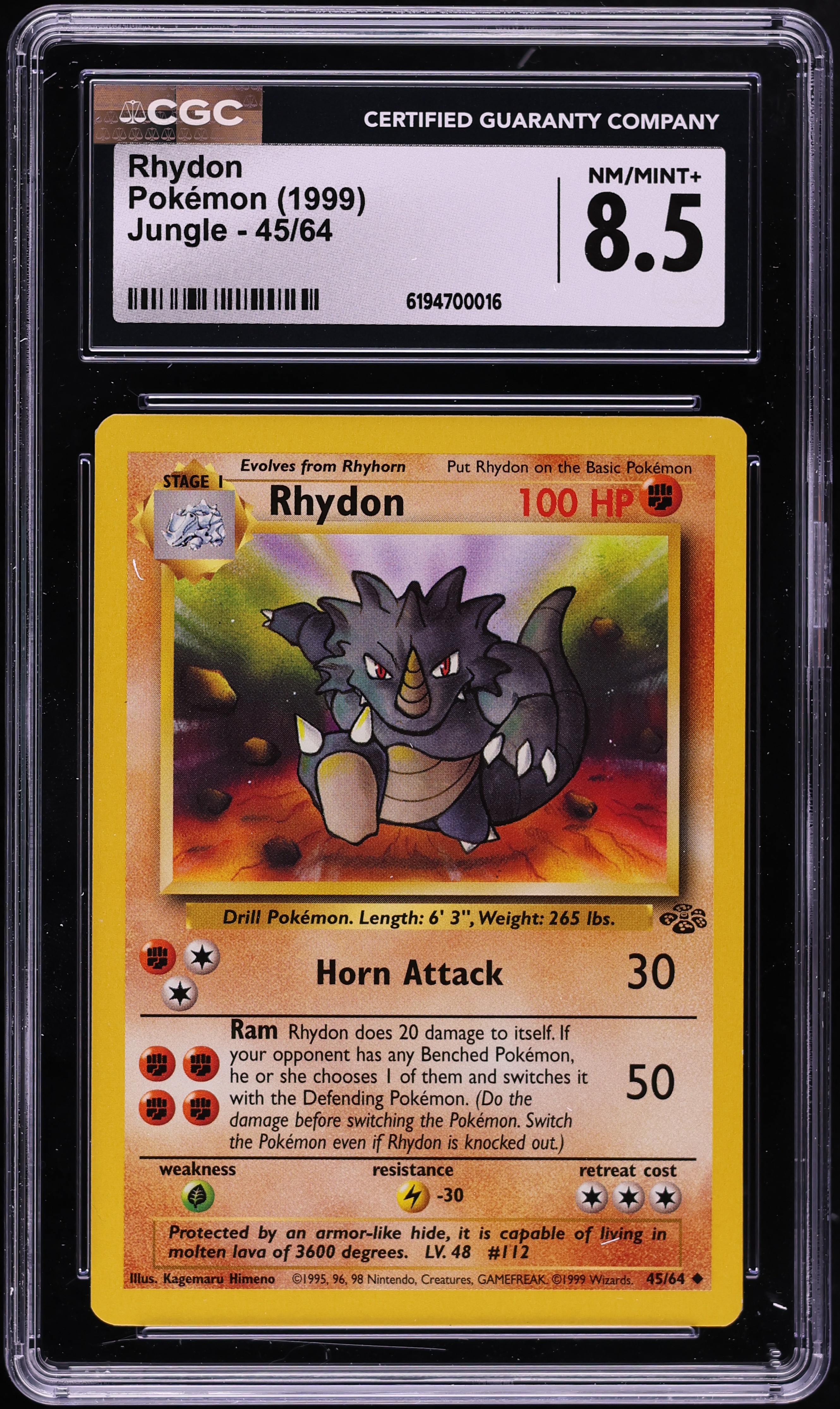 1999 Pokemon Jungle Rhydon #45 CGC 8.5 NM-MT+