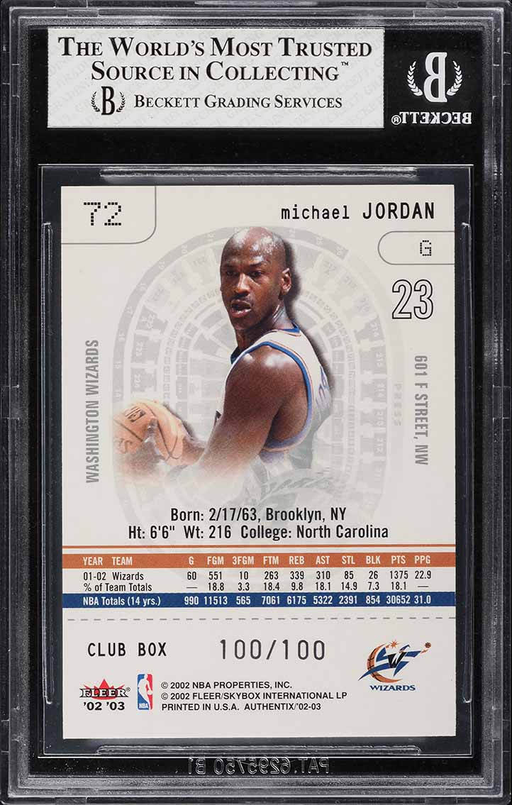 2002 Fleer Authentix Club Box Michael Jordan 100/100 #72 BGS 8 NM-MT