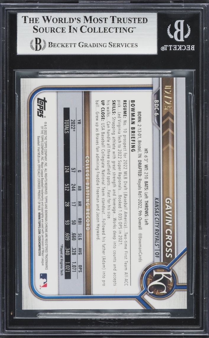 2022 Bowman Chrome Draft Orange Refractor Gavin Cross PROSPECT /25 #BDC-6 BGS 8.5 NM-MT+