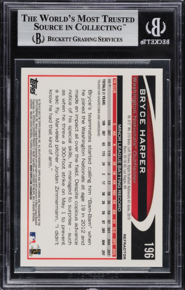 2012 Topps Chrome Refractor Bryce Harper ROOKIE #196A BGS 9 MINT