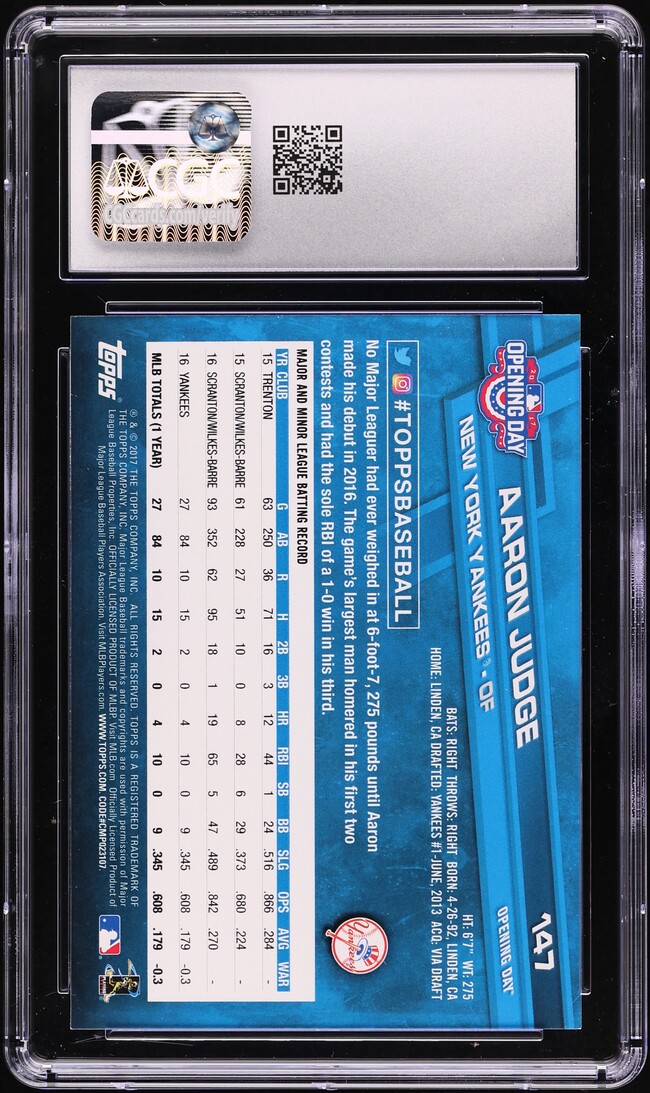 2017 Topps Opening Day Aaron Judge ROOKIE #147 CGC 9 MINT