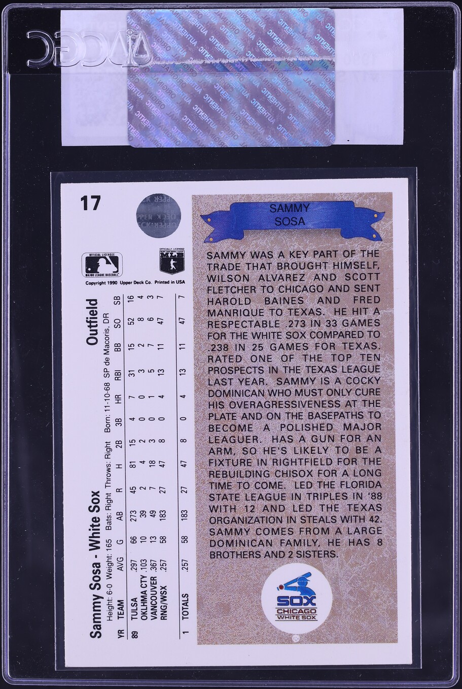 1990 Upper Deck Sammy Sosa ROOKIE #17 CGC AUTH