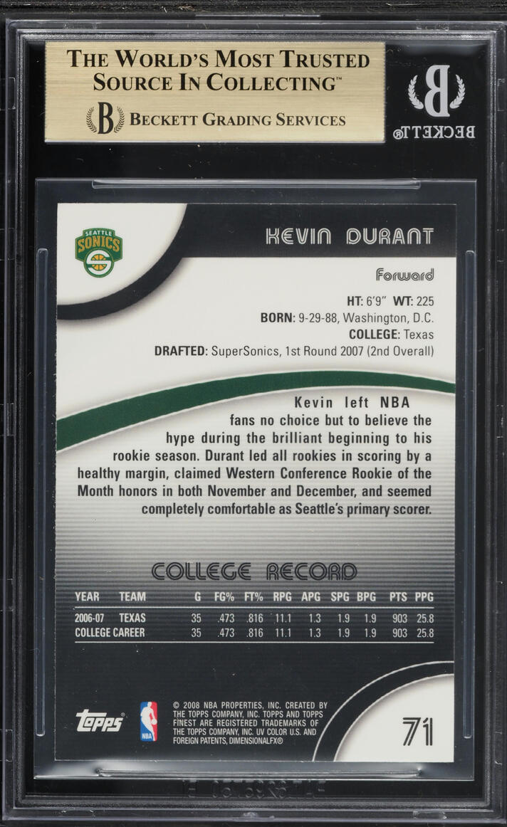 2007 Finest Basketball Kevin Durant ROOKIE #71 BGS 9.5 GEM MINT