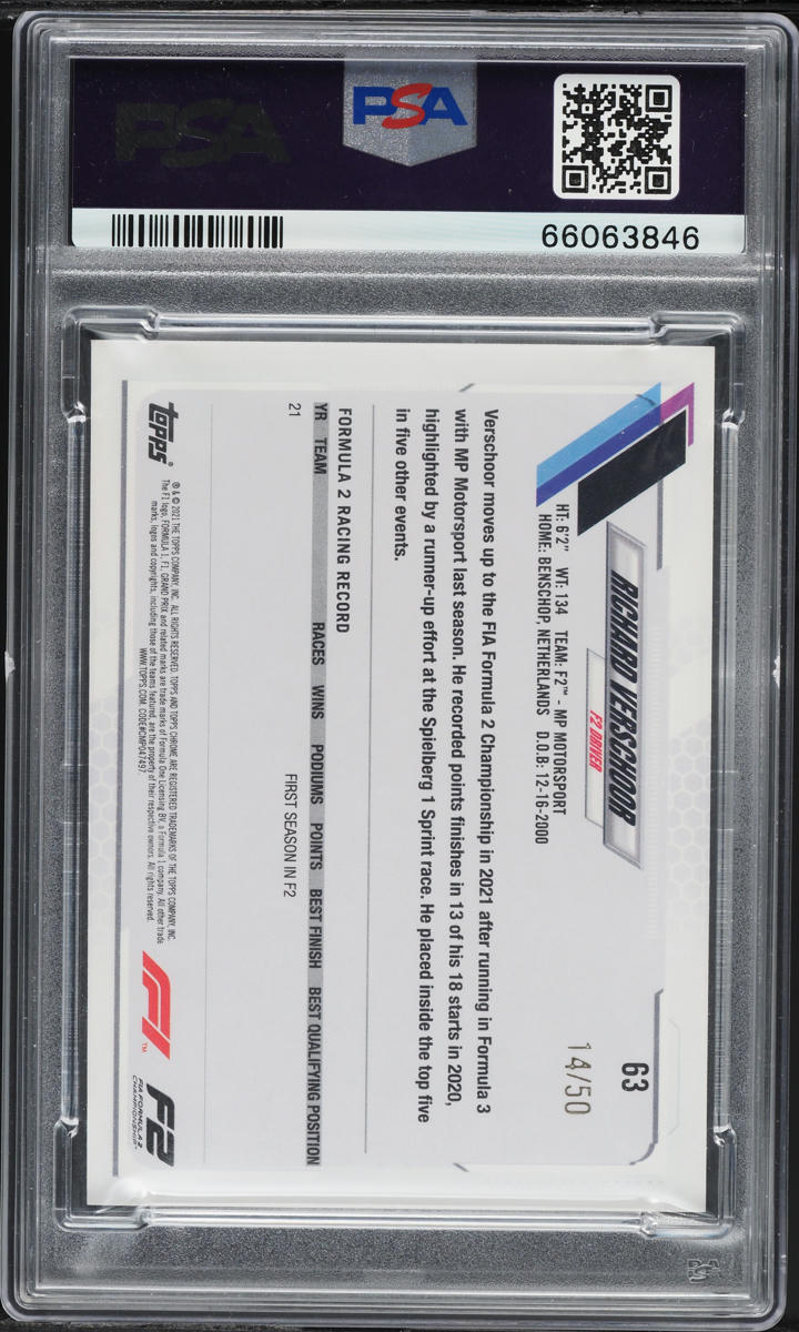 2021 Topps Chrome Formula 1 F1 Gold Ref Richard Verschoor /50 #63 PSA 9 MINT