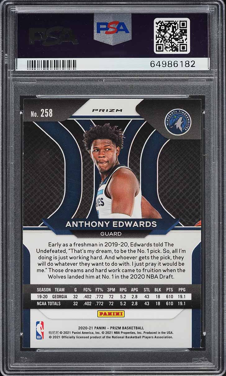 2020 Panini Prizm Silver Anthony Edwards ROOKIE #258 PSA 9 MINT
