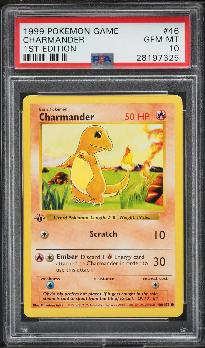 1999 Pokemon Base Set Shadowless 1st Edition Charmander #46 PSA 10 GEM MINT