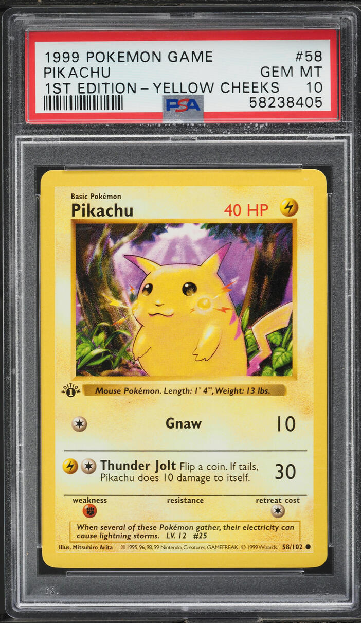1999 Pokemon Base Set Shadowless 1st Edition Yellow Cheeks Pikachu #58 PSA 10