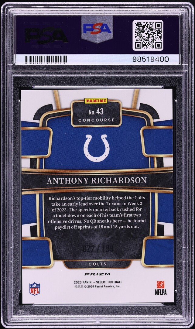 2023 Select Concourse Blue Prizm Anthony Richardson ROOKIE /199 #43 PSA 9 MINT