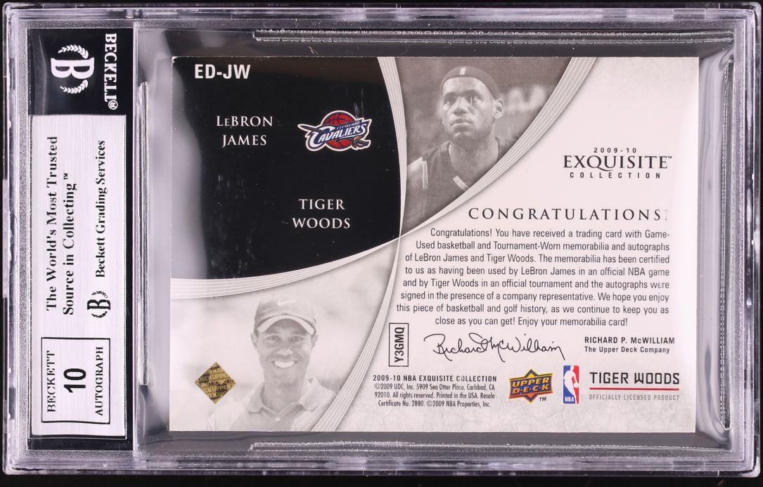 2009 Exquisite Dual Numbers LeBron James & Tiger Woods INSCRIBED PATCH AUTO 2/3 #EDJW BGS 8.5