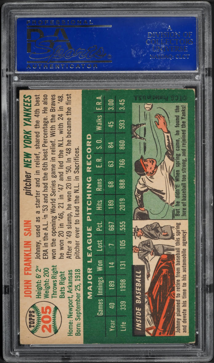 1954 Topps Johnny Sain #205 PSA 5 EX