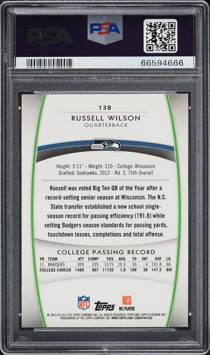 2012 Topps Platinum Black Refractor Russell Wilson ROOKIE #138 PSA 10 GEM MINT