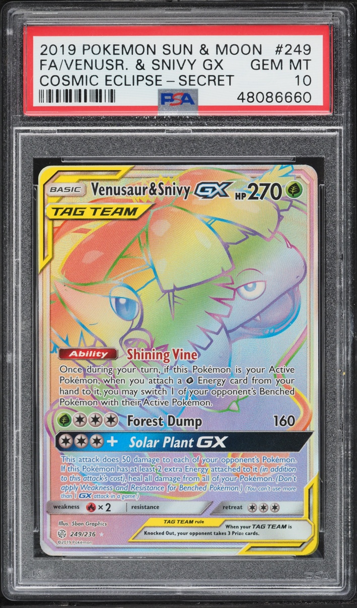 2019 Pokemon Sun & Moon Cosmic Eclipse Rainbow Rare Venusaur & Snivy GX #249 PSA 10 GEM MINT