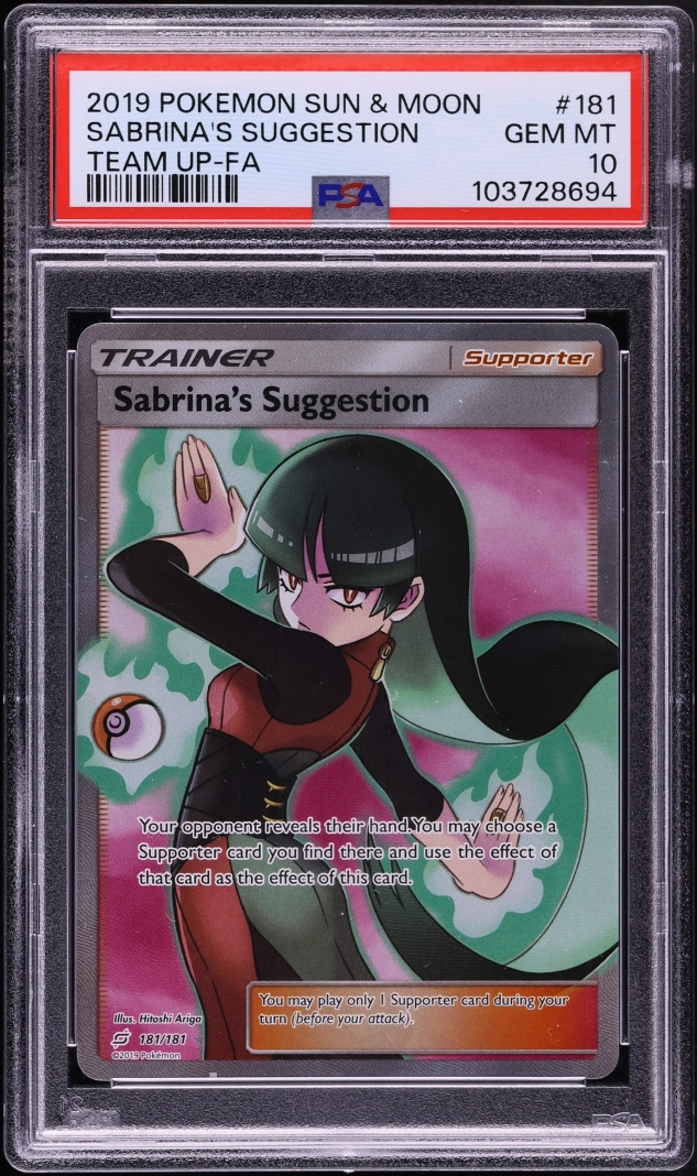 2019 Pokemon Sun & Moon Team Up Full Art Sabrina's Suggestion #181 PSA 10 GEM MINT