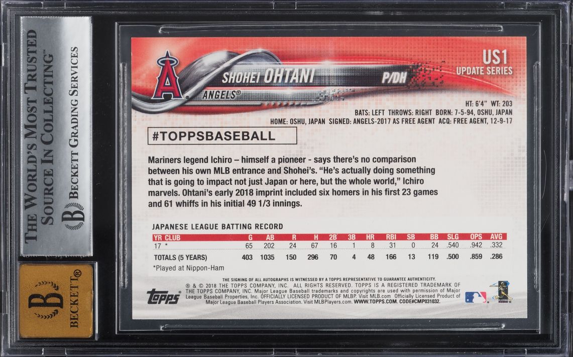 2018 Topps Update Variation Shohei Ohtani ROOKIE AUTO #US1 BGS 9 MINT
