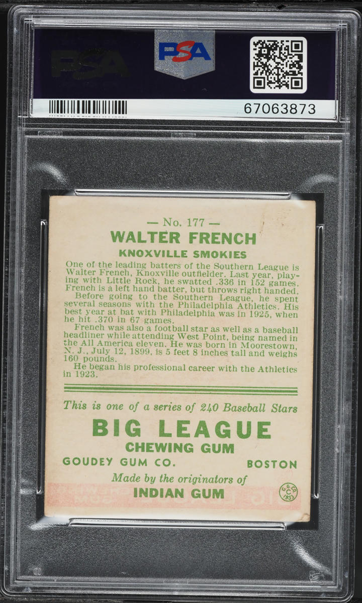 1933 Goudey Walter French #177 PSA 3 VG