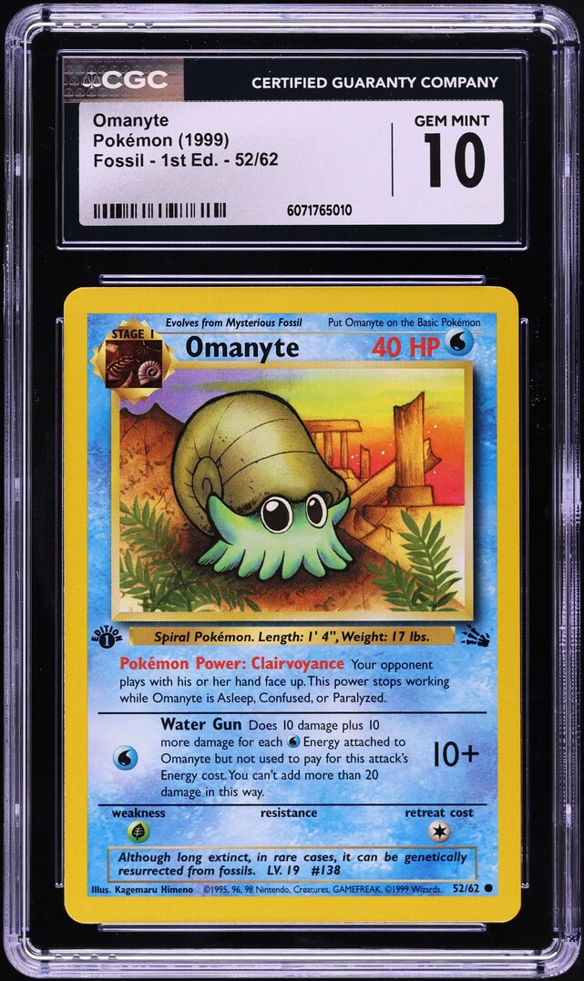 1999 Pokemon Fossil 1st Edition Omanyte #52 CGC 10 GEM MINT