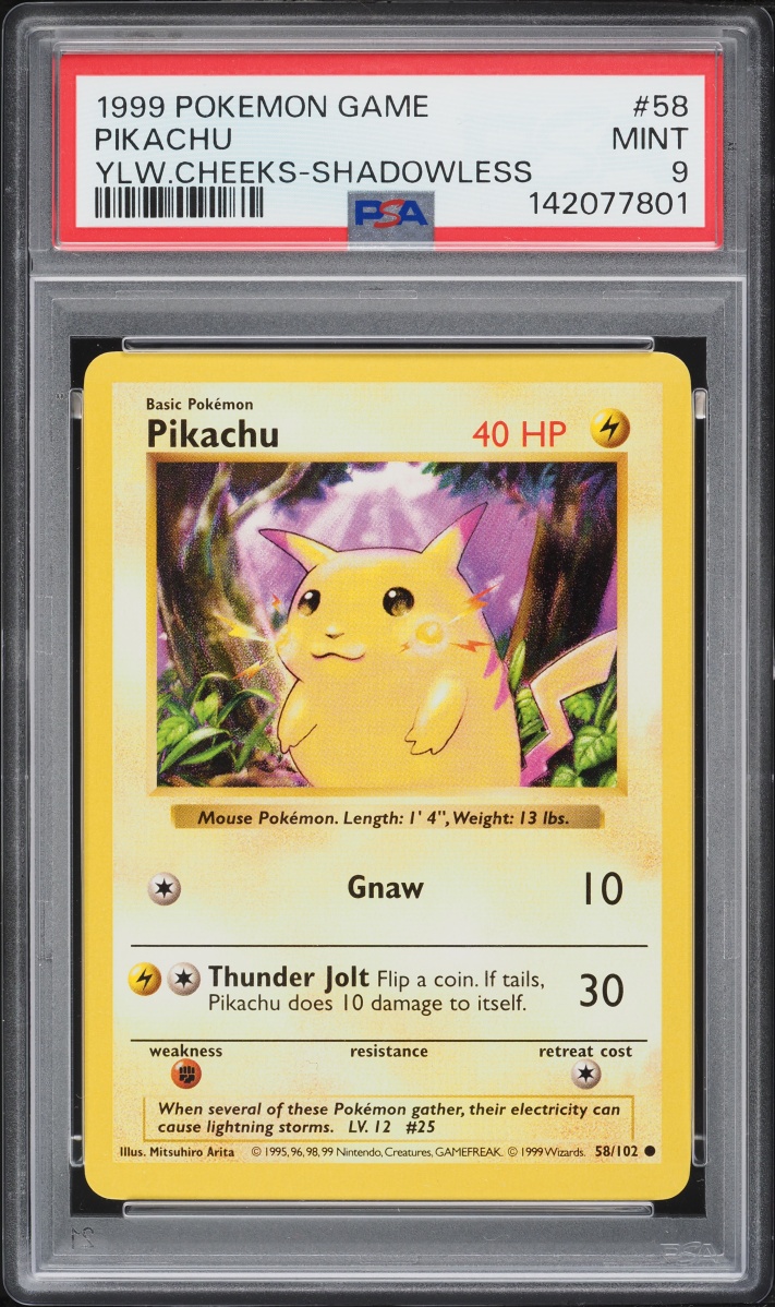 1999 Pokemon Base Set Shadowless Yellow Cheeks Pikachu #58 PSA 9 MINT