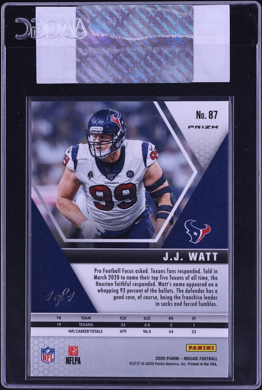 2020 Panini Mosaic No Huddle Black J.J. Watt 1/1 #87 CGC AUTH