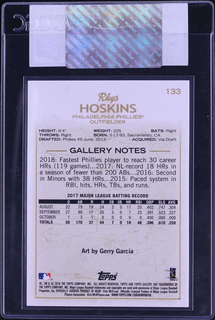 2018 Topps Gallery Rhys Hoskins ROOKIE #133 CGC AUTH