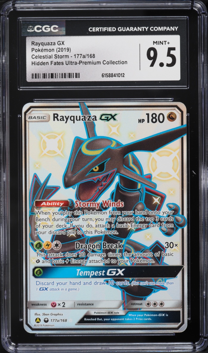 2019 Pokemon Sun & Moon Hidden Fates Premium Full Art Shiny Rayquaza GX #177a CGC 9.5 MINT+