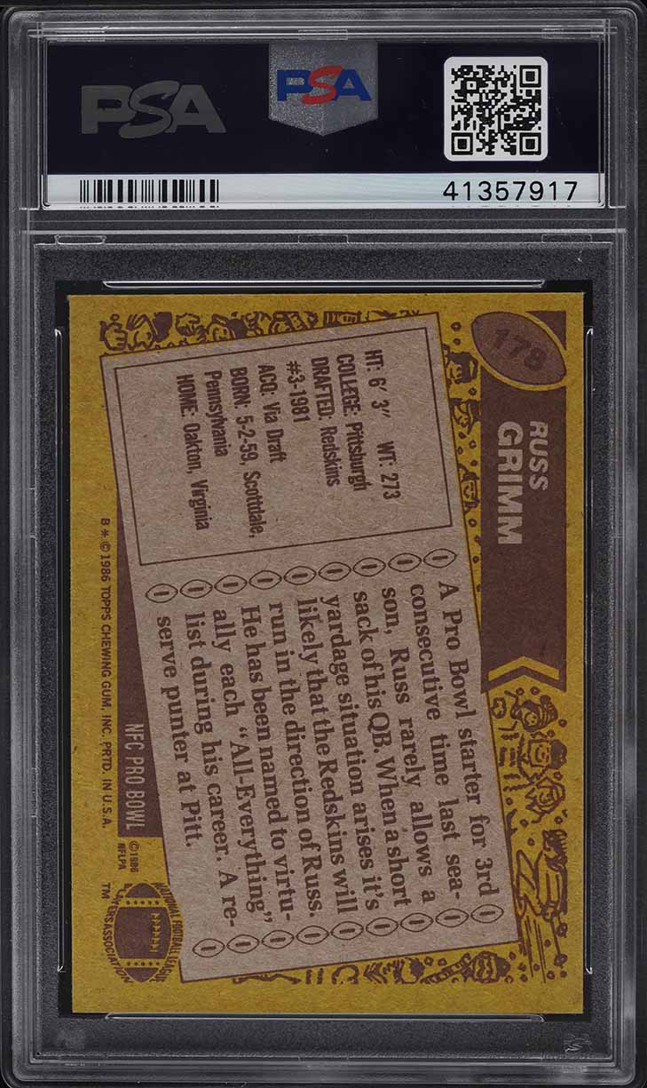 1986 Topps Football Russ Grimm #178 PSA 8 NM-MT