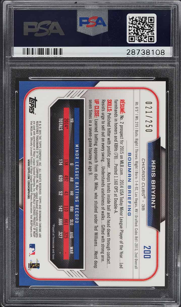 2015 Bowman Chrome Purple Refractor Kris Bryant ROOKIE /250 #200 PSA 10 GEM MINT