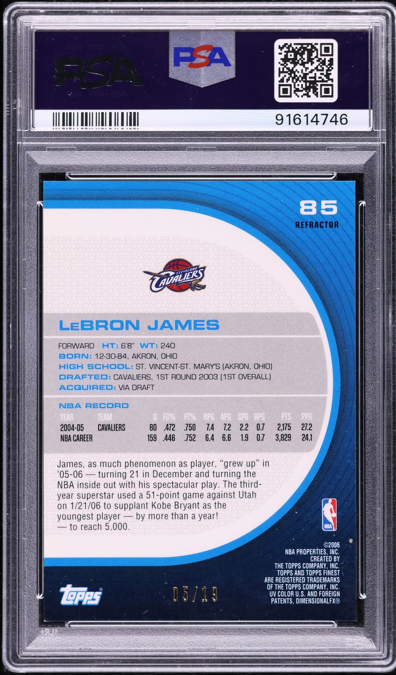 2005 Finest Black Refractor LeBron James /19 #85 PSA 8 NM-MT