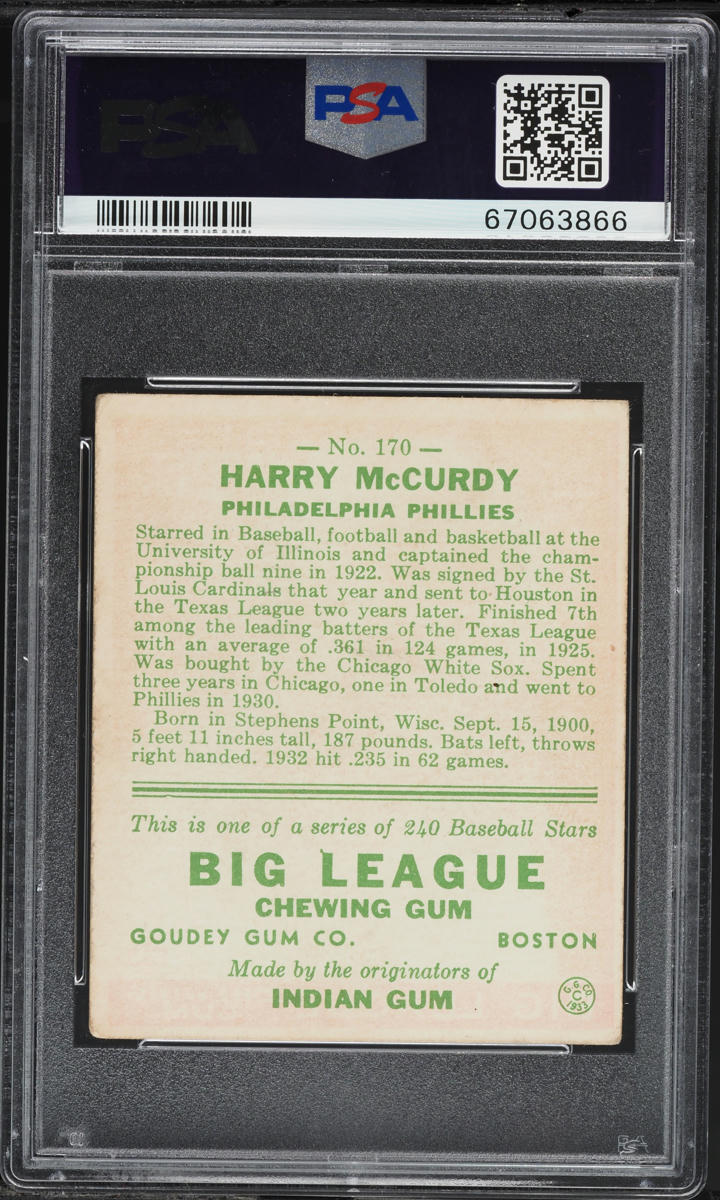 1933 Goudey Harry McCurdy #170 PSA 3 VG