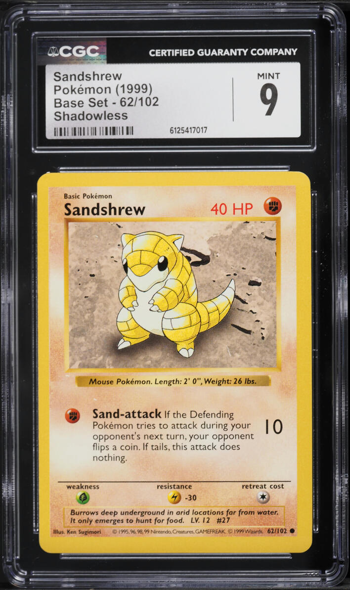 1999 Pokemon Base Set Shadowless Sandshrew #62 CGC 9 MINT