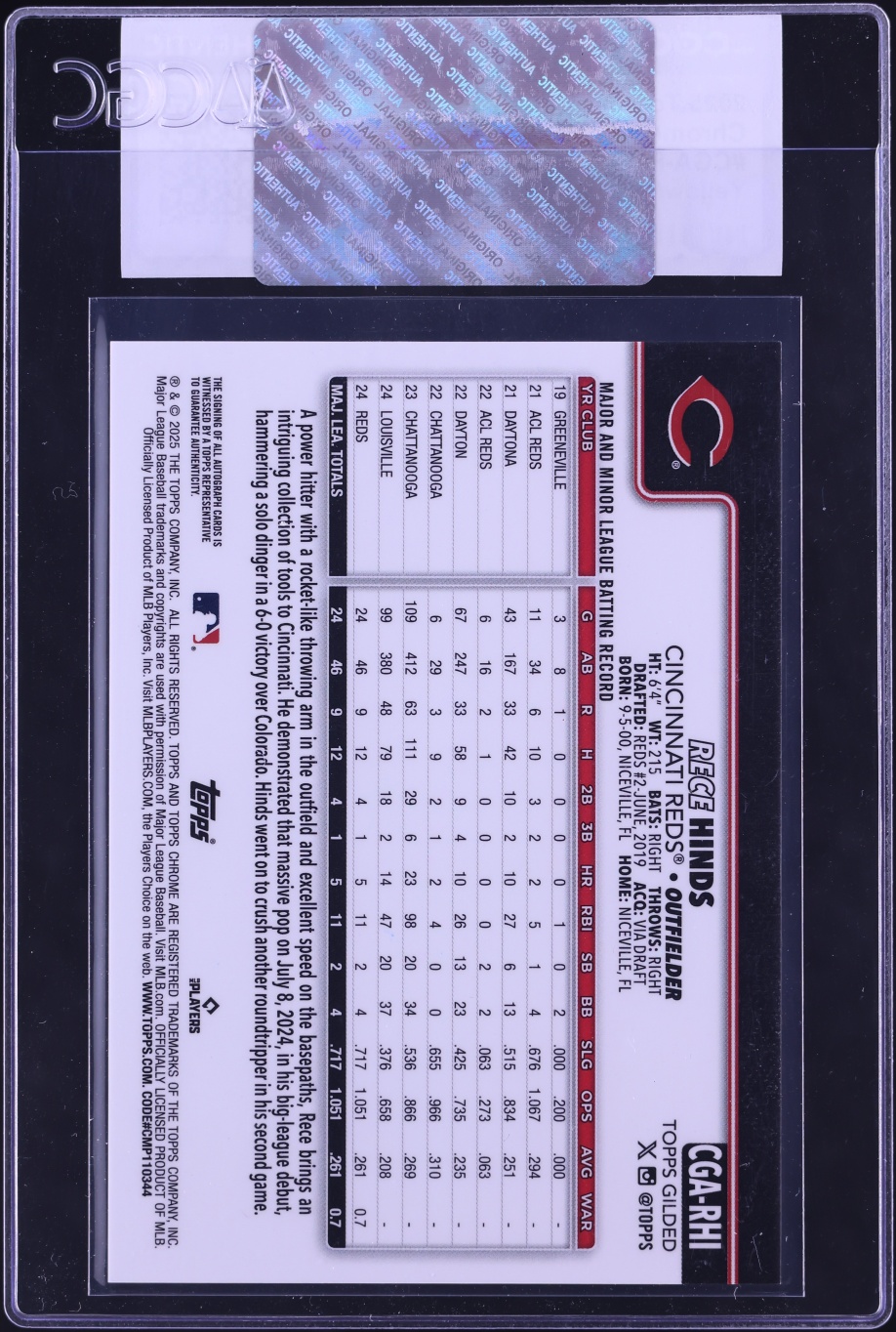2025 Topps Chrome Gilded Collection Gold Yellow Refractor Rece Hinds ROOKIE AUTO /75 CGC AUTH