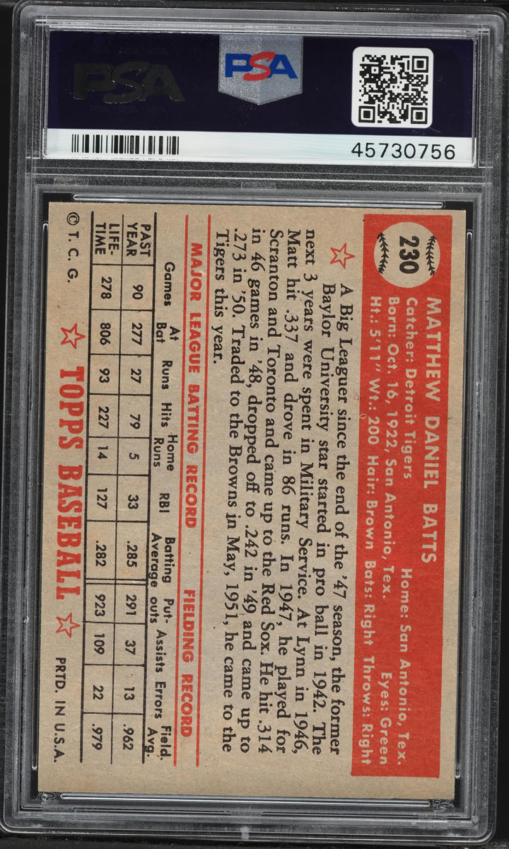 1952 Topps Matt Batts #230 PSA 7 NRMT