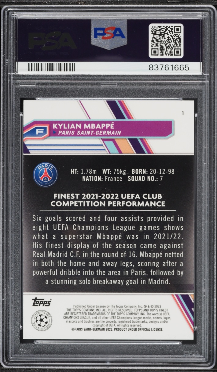 2022 Finest UEFA Club Competitions Purple Refractor Kylian Mbappe /299 #1 PSA 10 GEM MINT