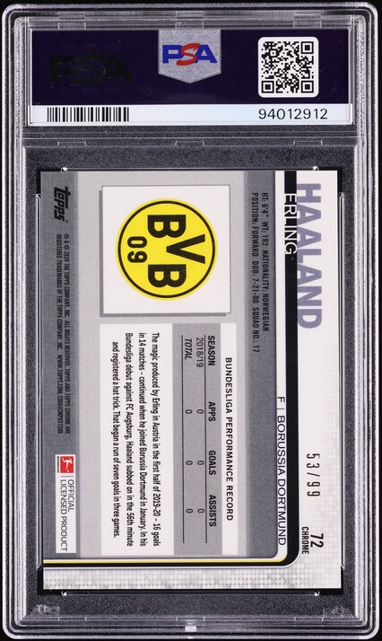2019 Topps Chrome Bundesliga Green Refractor Erling Haaland ROOKIE /99 #72 PSA 10 GEM MINT