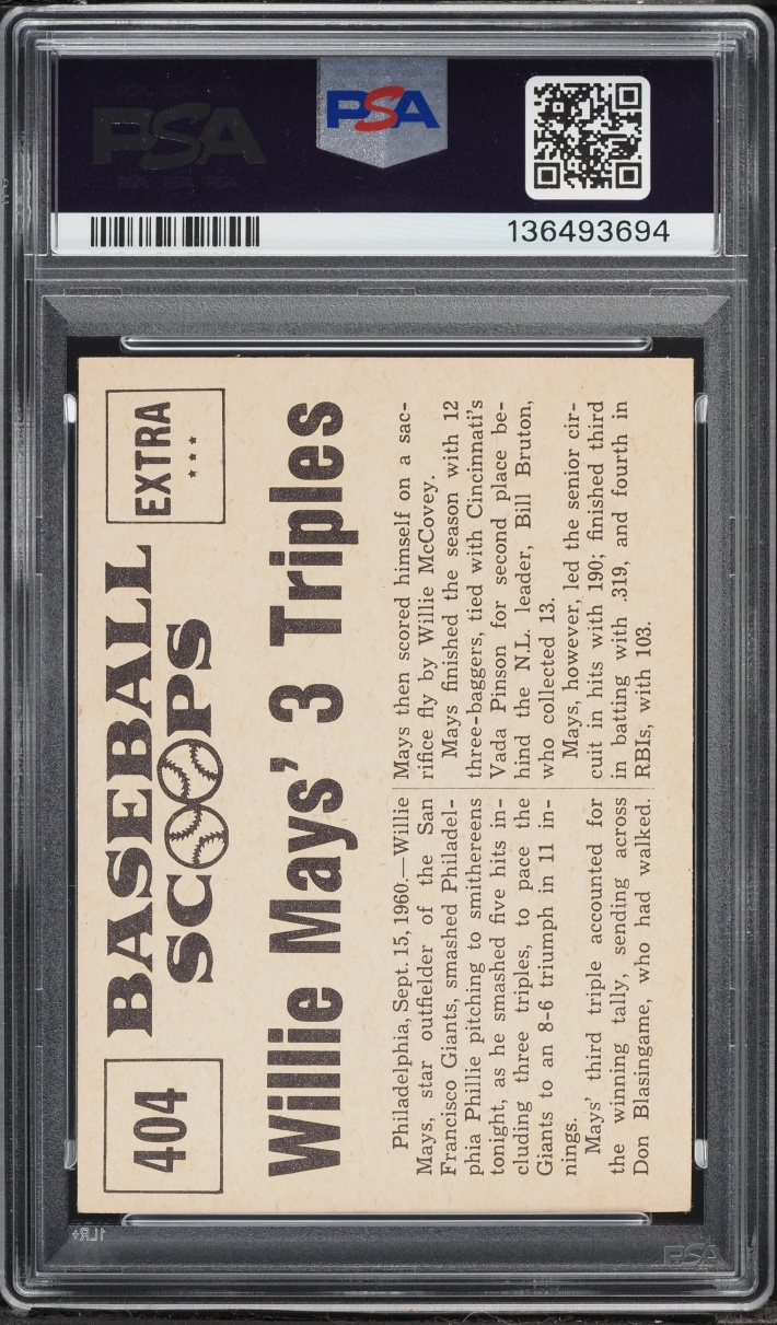 1961 Nu-Card Scoops Willie Mays 3 TRIPLES PACES GIANTS #404 PSA 4 VGEX