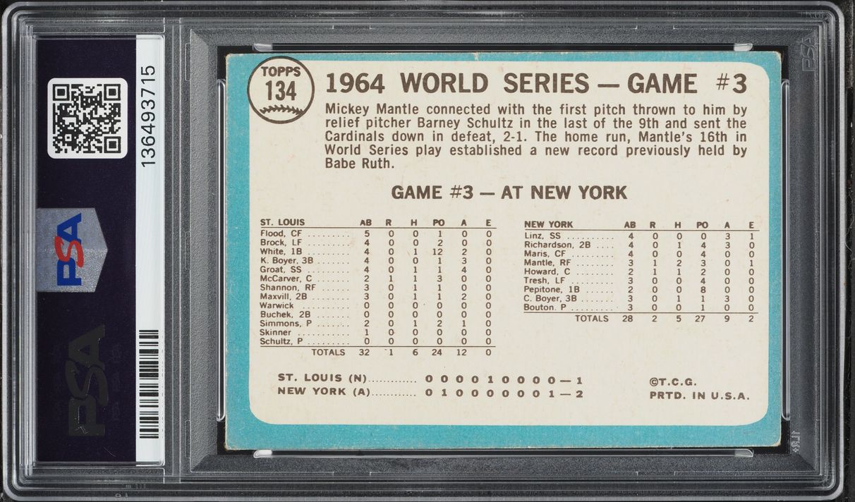 1965 Topps Mickey Mantle CLUTCH HOME RUN WORLD SERIES GAME 3 #134 PSA 1 PR