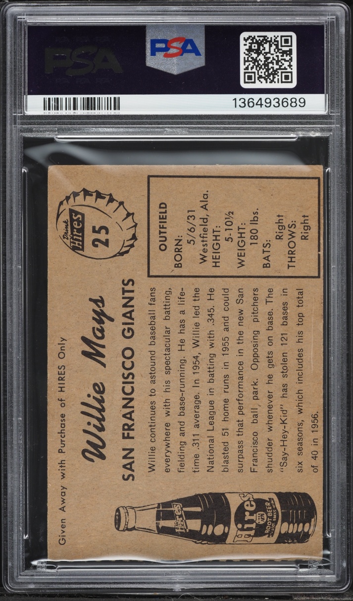 1958 Hires Root Beer Willie Mays NO TAB #25 PSA 3.5 VG+