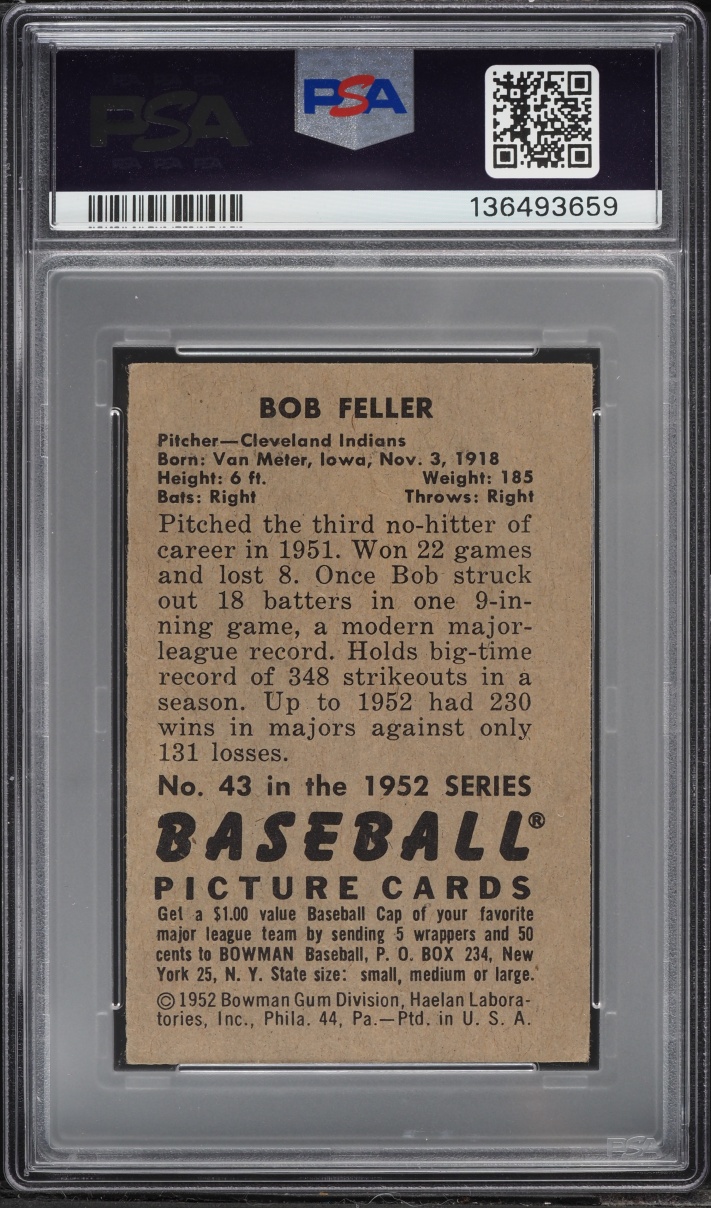 1952 Bowman Bob Feller #43 PSA 3 VG